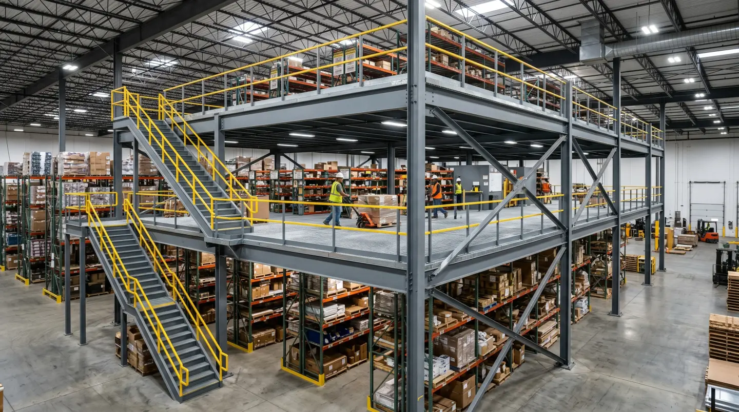Structural steel mezzanine system installed in a Lehigh Valley warehouse