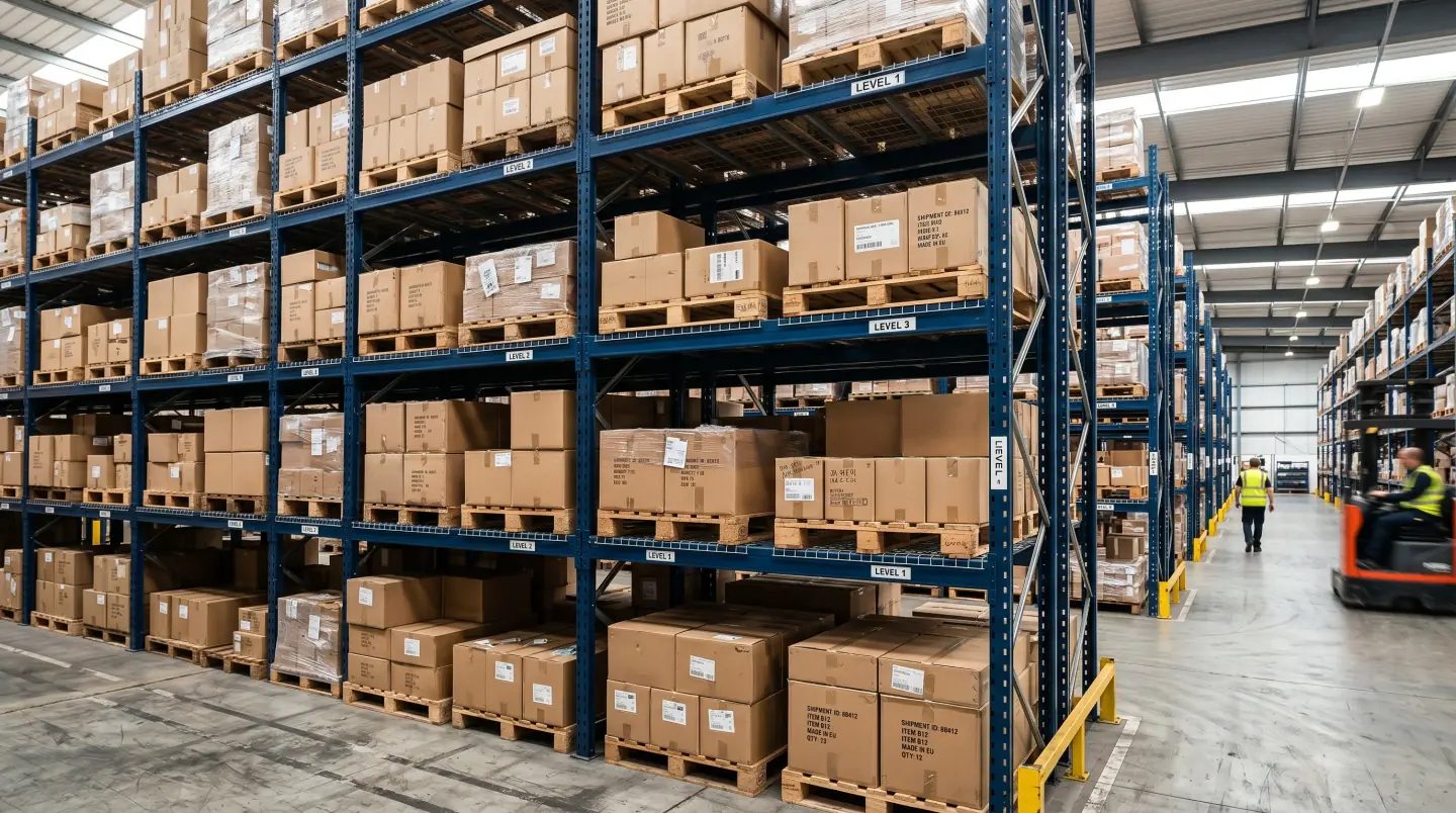 Surplus pallet racking being assessed for buyback in a Lehigh Valley warehouse
