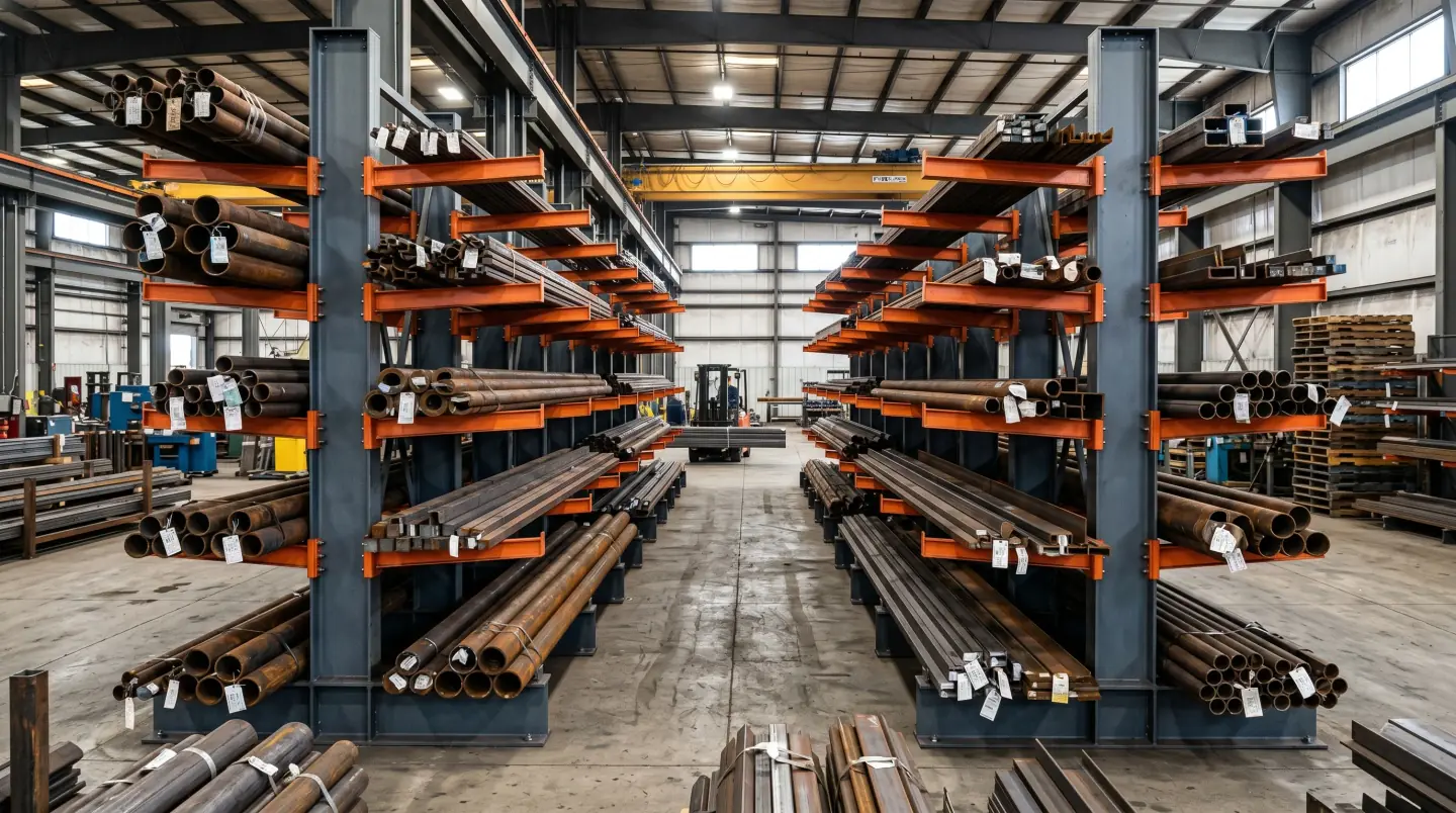 Heavy-duty structural cantilever rack storing pipe, steel, and lumber bundles in a Lehigh Valley industrial distributor