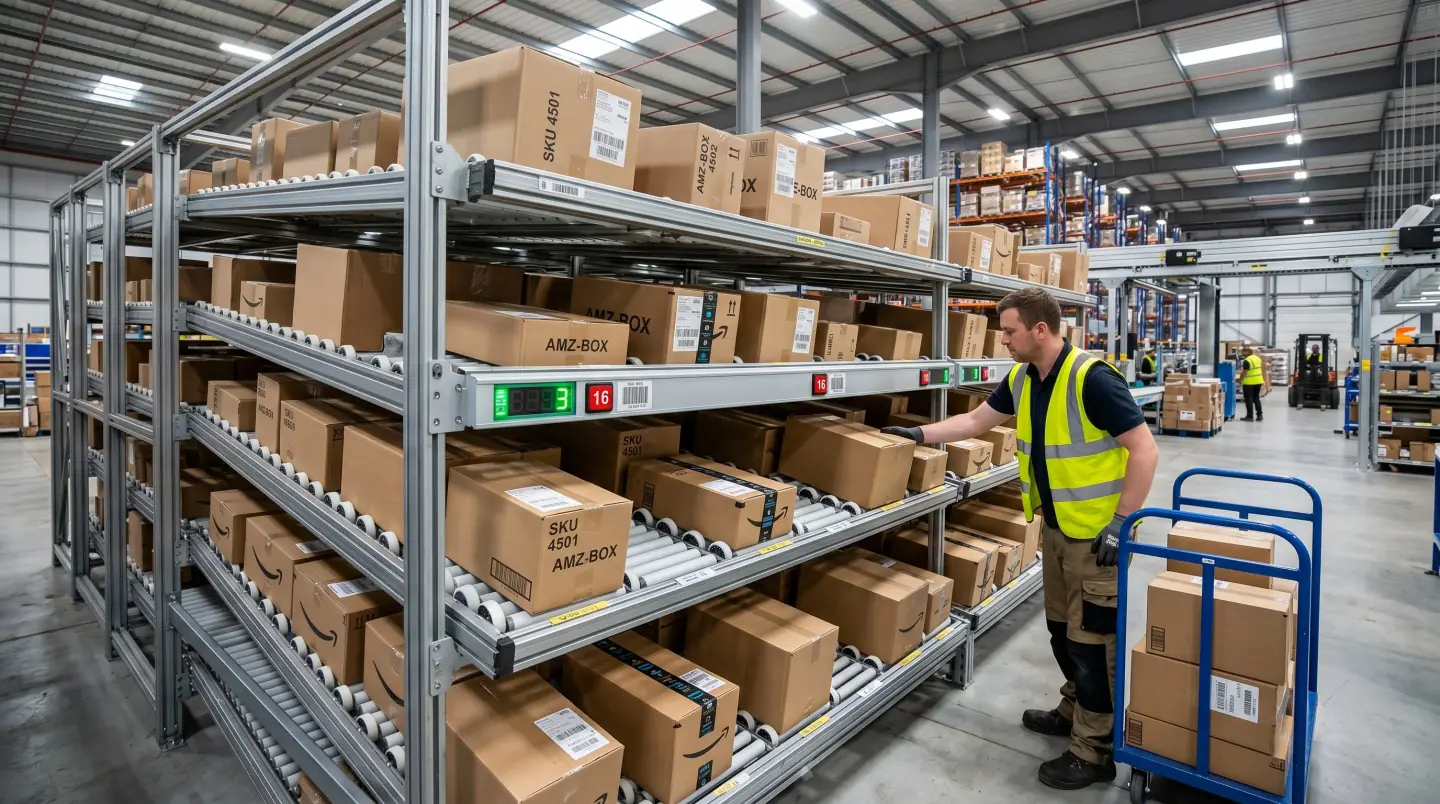 Multi-tier carton flow rack with skate-wheel tracks and warehouse operator picking cases in a Lehigh Valley fulfillment center