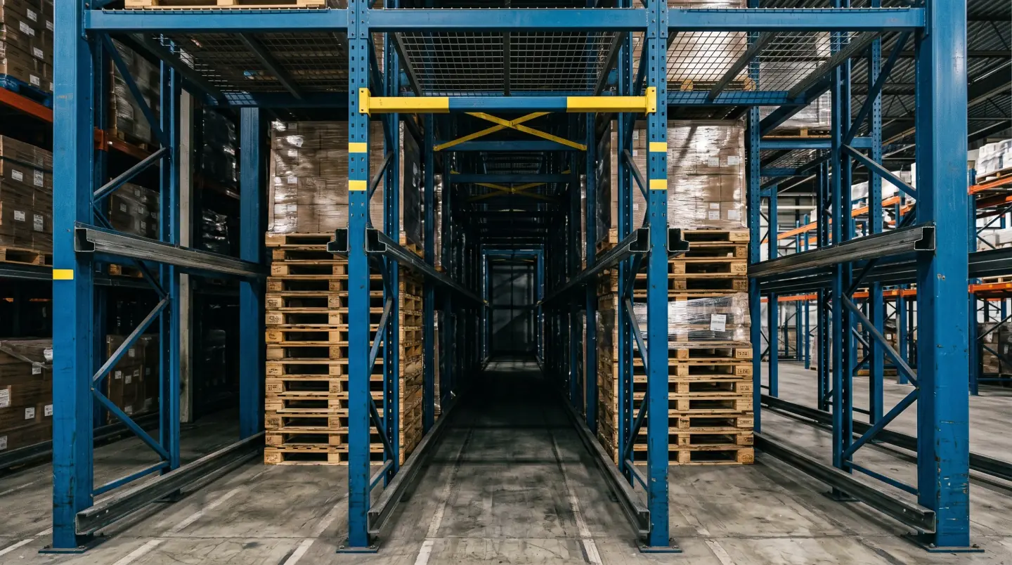Drive-in pallet rack system with forklift entering the rack structure in a Lehigh Valley cold storage warehouse