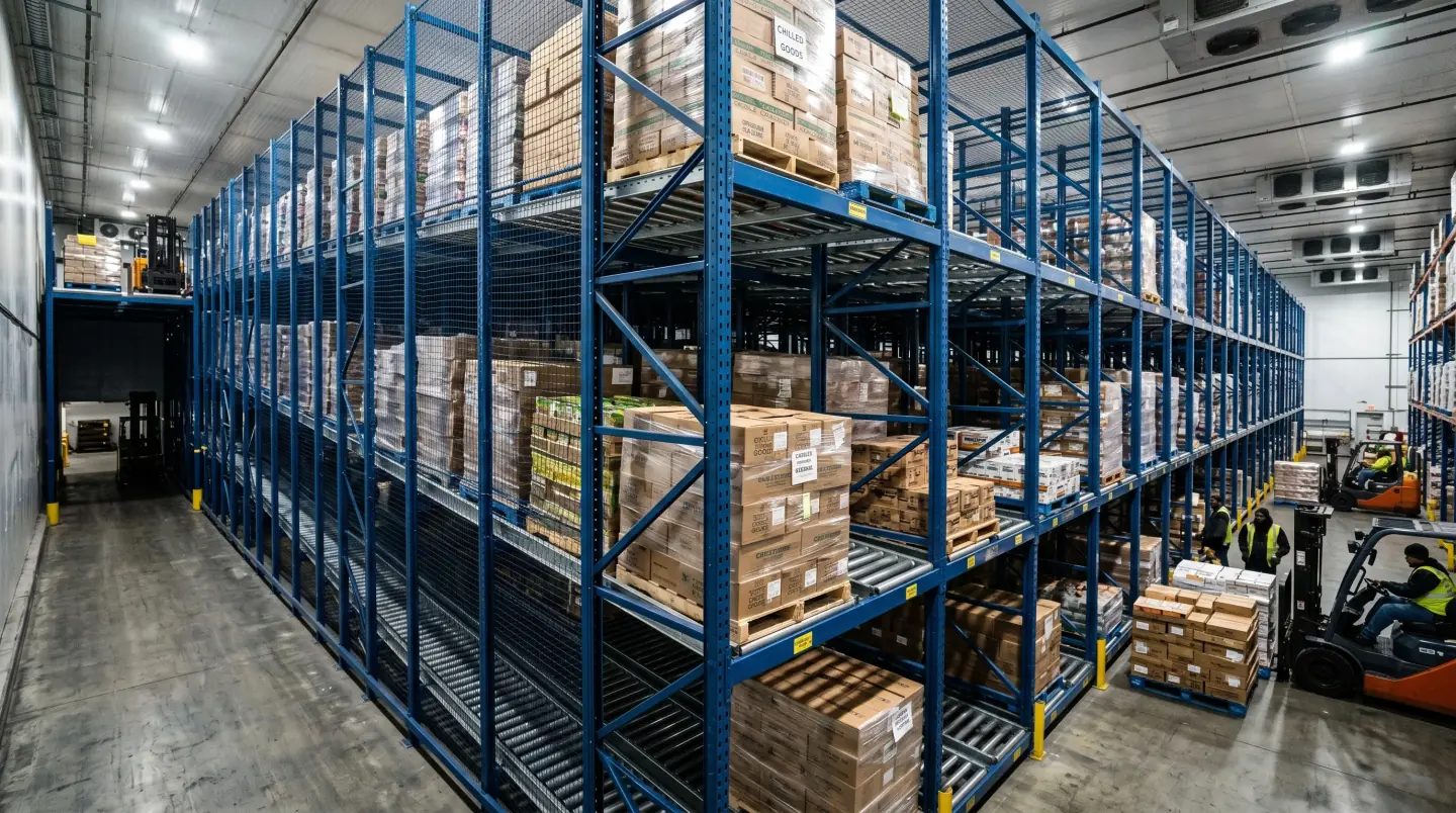 Deep-lane pallet flow rack with gravity rollers in a Lehigh Valley refrigerated distribution center