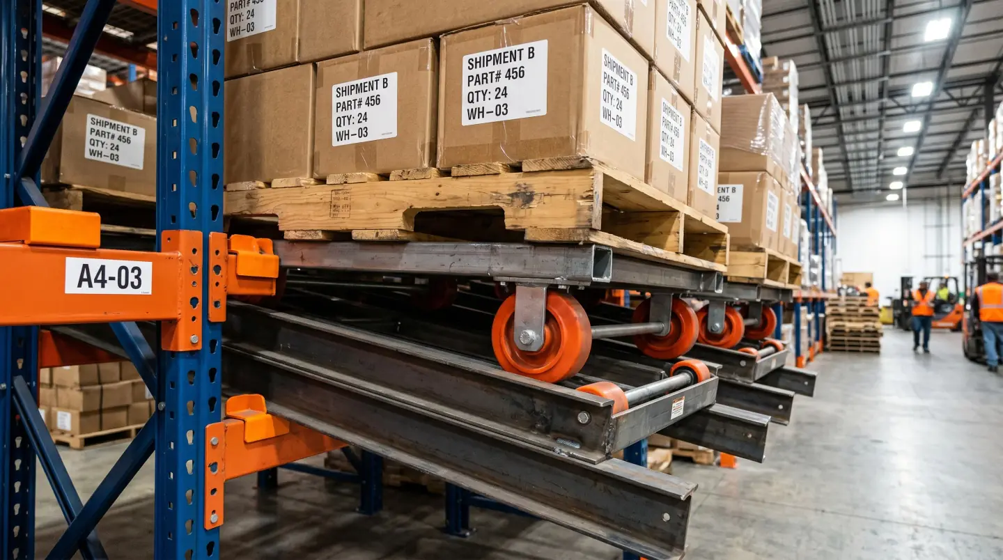 Pushback pallet rack system with nested carts and inclined rails in a Lehigh Valley warehouse