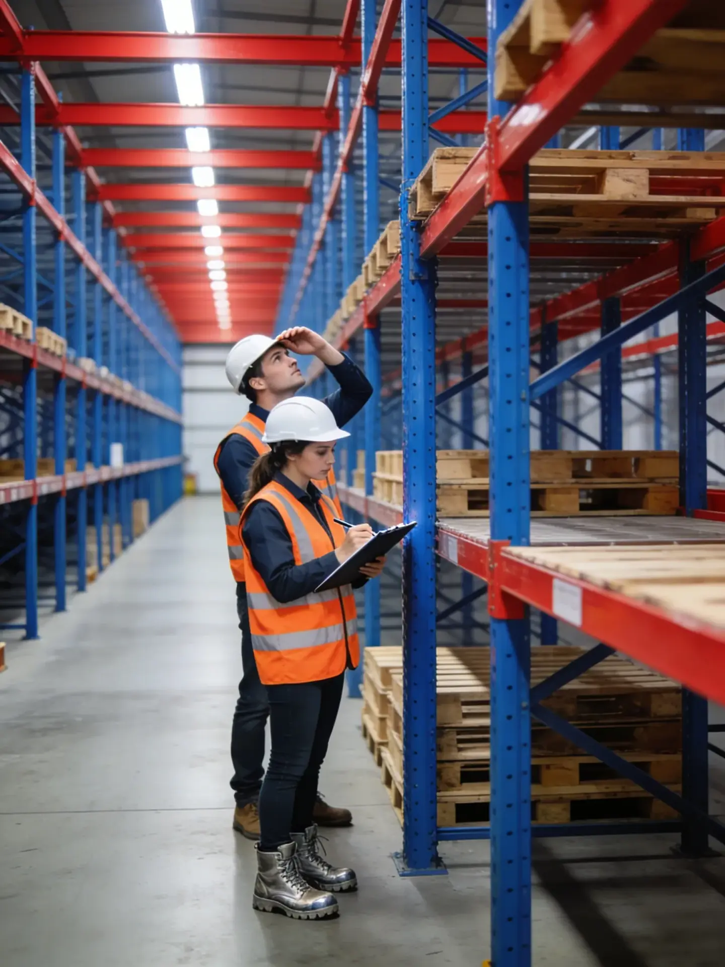Inspectors documenting rack condition during a Lehigh Valley rack safety inspection