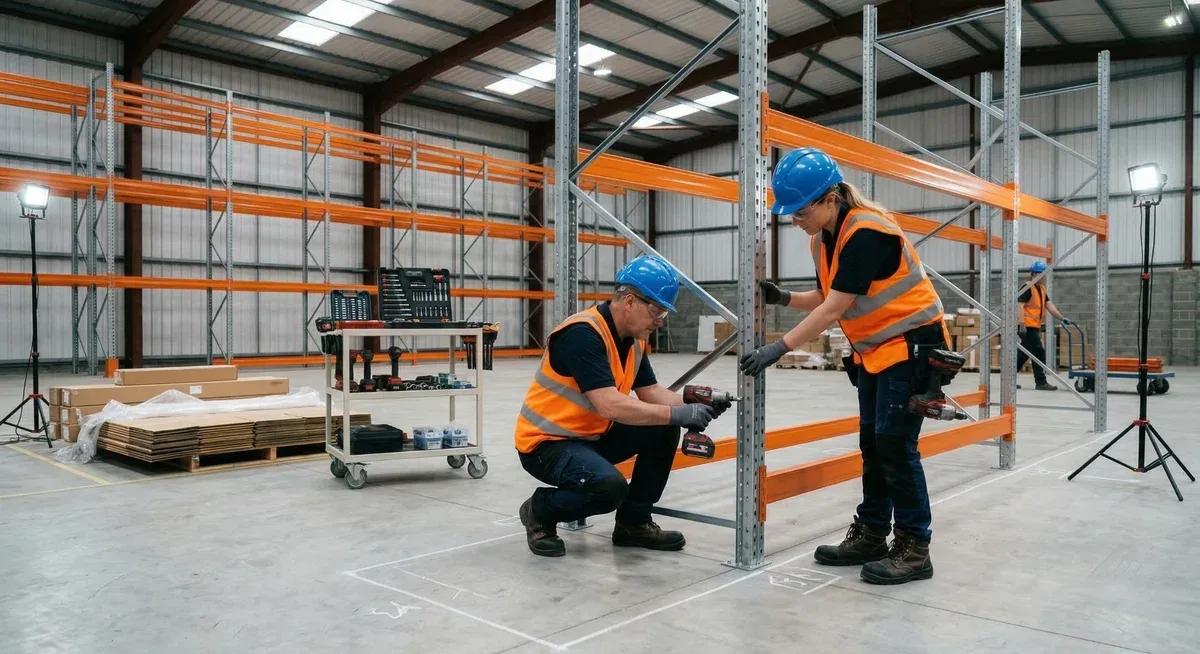 Installation crew assembling pallet rack uprights and beams in a Lehigh Valley warehouse